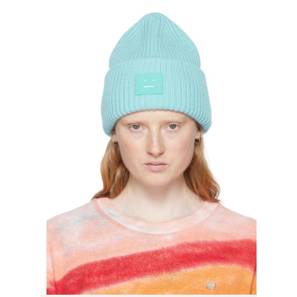 Acne Studios Pansy Face Wool Y2K Beanie Unisex Cuffed Knit Hat Mint Green Cozy